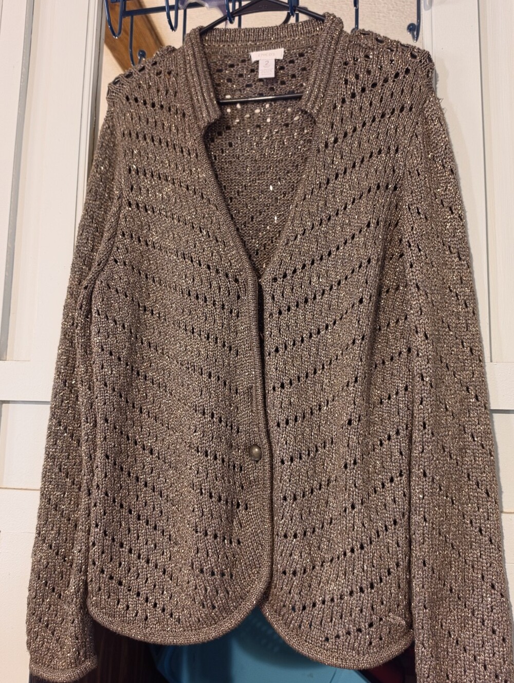 Chico's Metallic Brown Open-Weave Button Cardigan